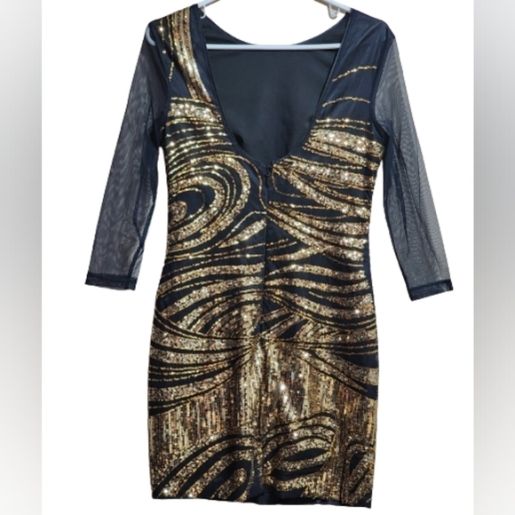 Bebe black bobycon long sleeve golden sequin mini dress size small - Picture 3 of 5